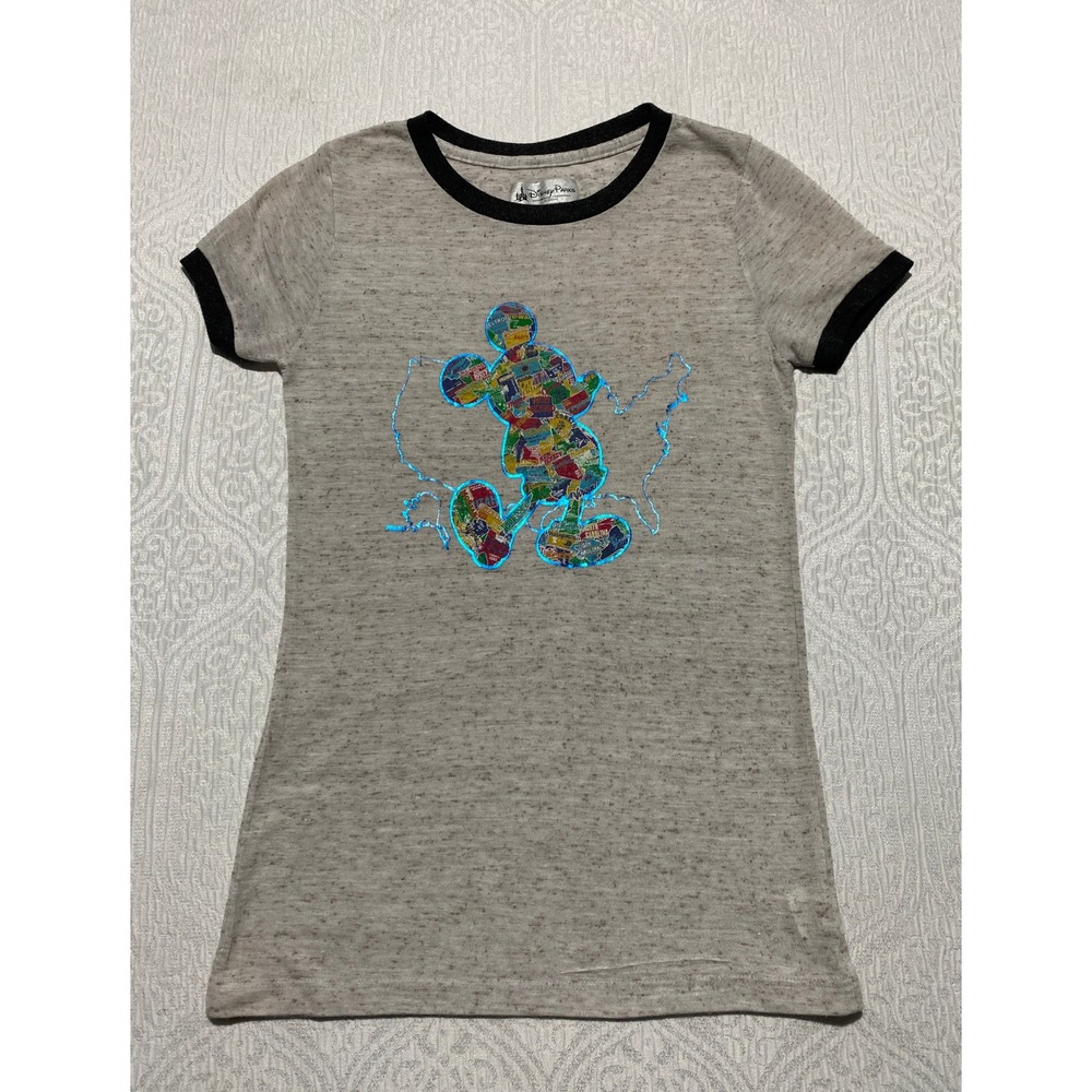 Disney Parks Mickey Mouse USA Map Ringer T Shirt Womens Small S‎ Grey Blue Foil